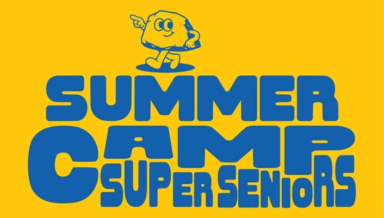 A graphic with a yellow background and blue text that reads "Summer Camp Super Seniors." A cartoon rock character stands on top of the text, pointing.